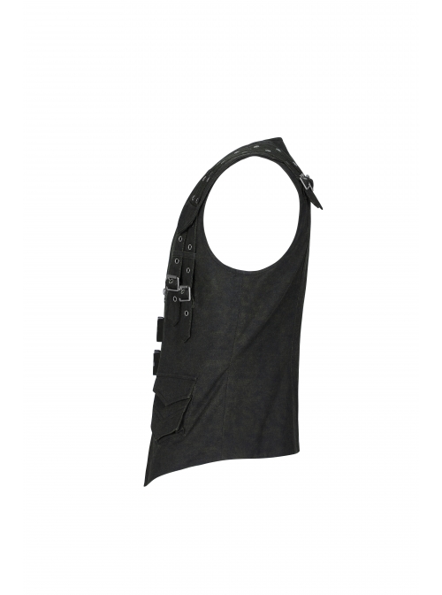 Front Zipper Metal Eyelets Strap Black Punk Vest