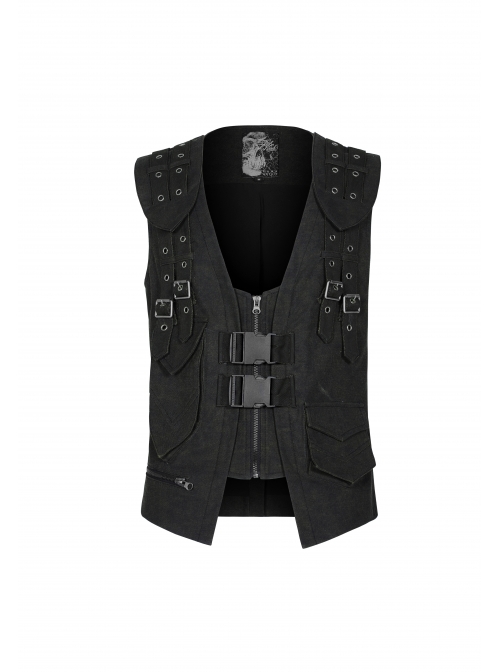 Front Zipper Metal Eyelets Strap Black Punk Vest