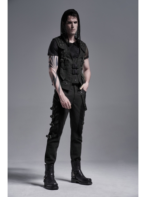 Front Zipper Metal Eyelets Strap Black Punk Vest