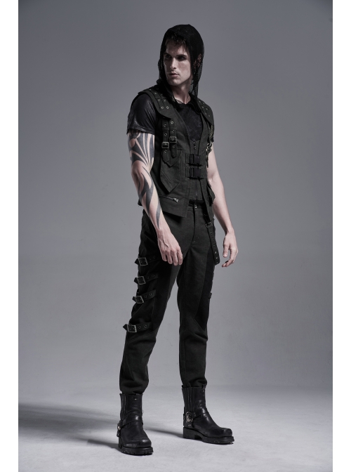 Front Zipper Metal Eyelets Strap Black Punk Vest