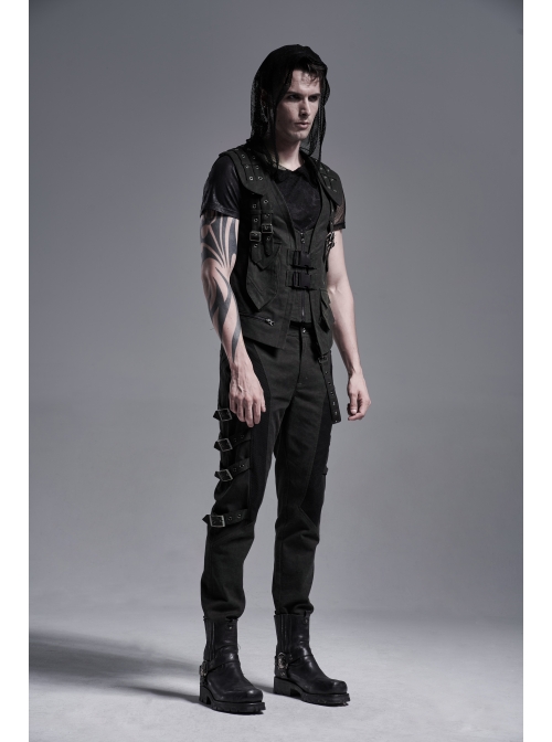 Front Zipper Metal Eyelets Strap Black Punk Vest