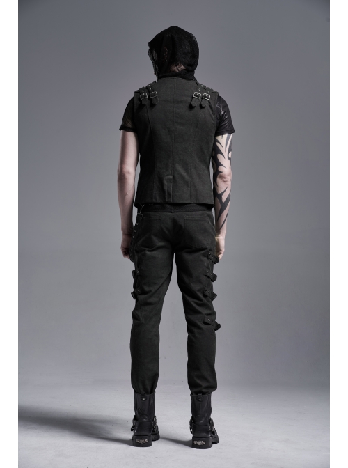 Front Zipper Metal Eyelets Strap Black Punk Vest