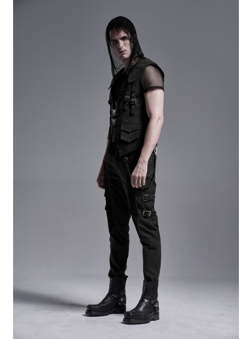 Front Zipper Metal Eyelets Strap Black Punk Vest