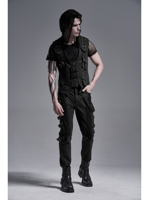 Front Zipper Metal Eyelets Strap Black Punk Vest