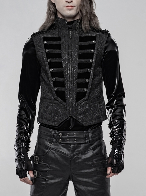 Stand-Up Collar Front Chest Breasted Decoration Black Gothic Jacquard Splice Weft Velvet Vest