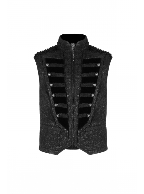 Stand-Up Collar Front Chest Breasted Decoration Black Gothic Jacquard Splice Weft Velvet Vest