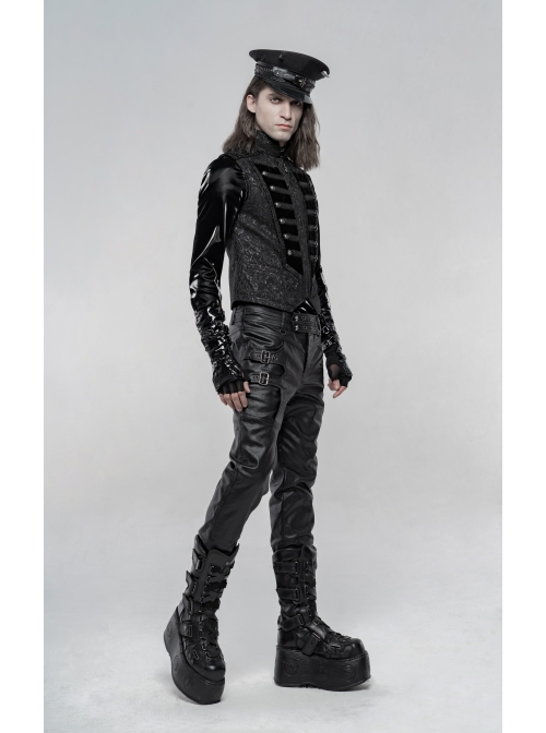 Stand-Up Collar Front Chest Breasted Decoration Black Gothic Jacquard Splice Weft Velvet Vest