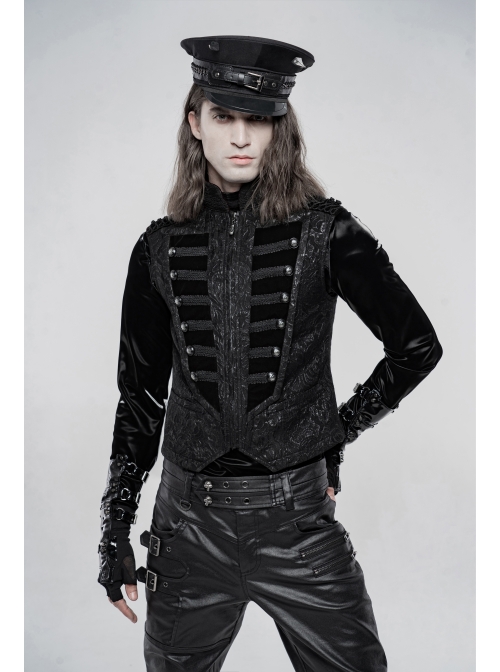 Stand-Up Collar Front Chest Breasted Decoration Black Gothic Jacquard Splice Weft Velvet Vest