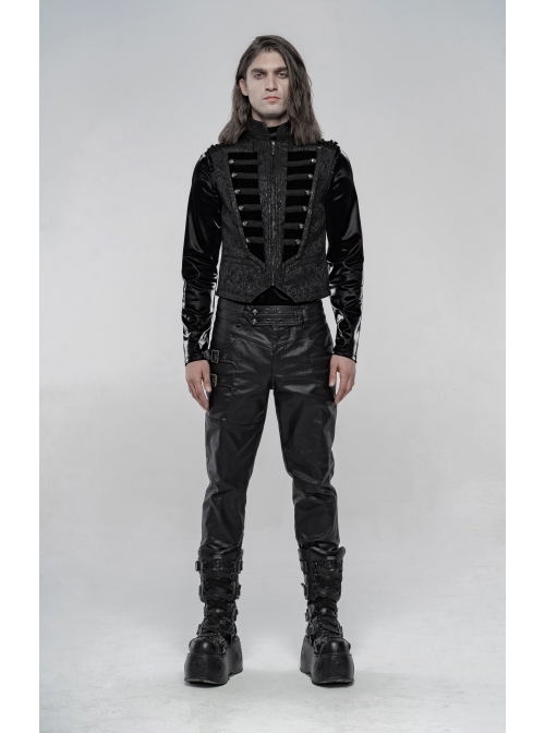 Stand-Up Collar Front Chest Breasted Decoration Black Gothic Jacquard Splice Weft Velvet Vest