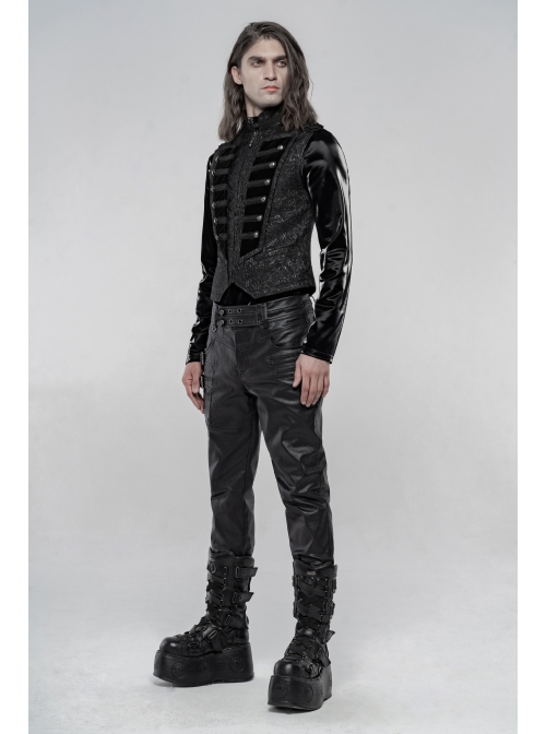 Stand-Up Collar Front Chest Breasted Decoration Black Gothic Jacquard Splice Weft Velvet Vest