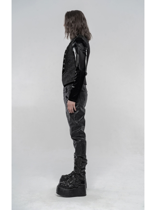 Stand-Up Collar Front Chest Breasted Decoration Black Gothic Jacquard Splice Weft Velvet Vest