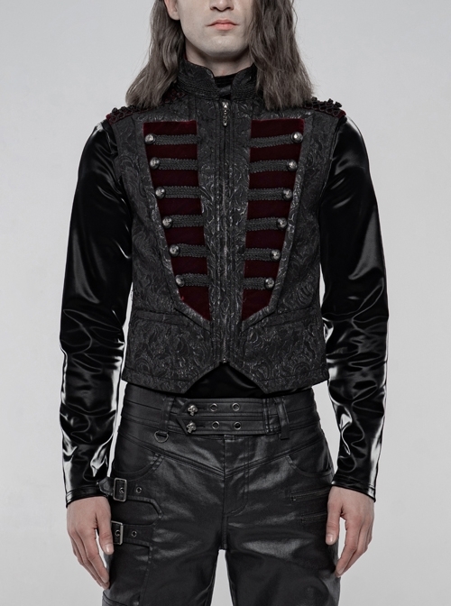 Stand-Up Collar Front Chest Wine Red Breasted Decoration Black Gothic Jacquard Splice Weft Velvet Vest