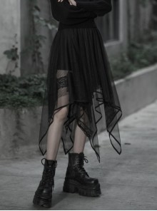 Gothic Female Dark Chiffon Mesh Lace Irregular Hem Skirt