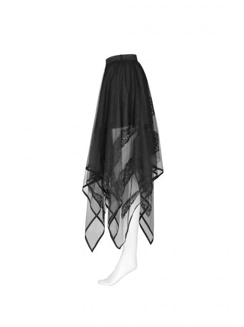 Gothic Female Dark Chiffon Mesh Lace Irregular Hem Skirt
