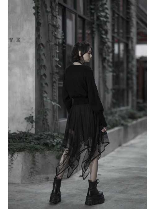 Gothic Female Dark Chiffon Mesh Lace Irregular Hem Skirt