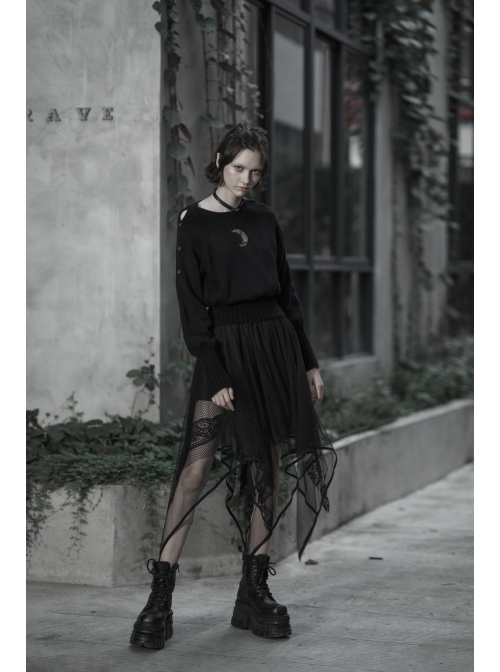 Gothic Female Dark Chiffon Mesh Lace Irregular Hem Skirt