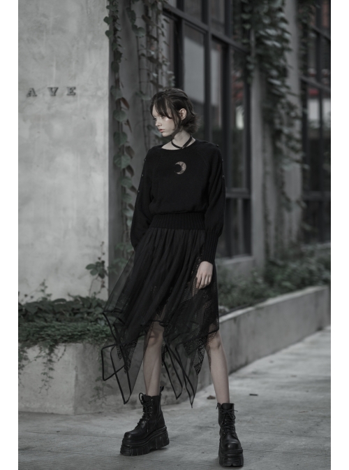Gothic Female Dark Chiffon Mesh Lace Irregular Hem Skirt