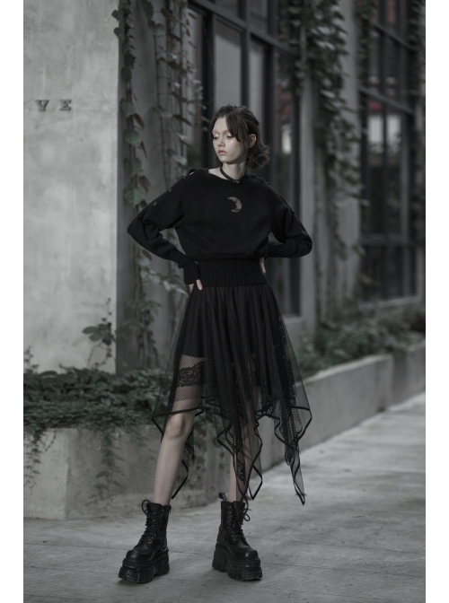 Gothic Female Dark Chiffon Mesh Lace Irregular Hem Skirt