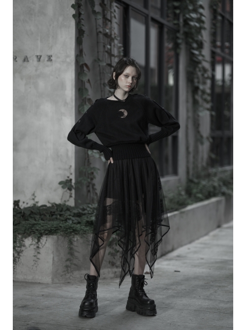 Gothic Female Dark Chiffon Mesh Lace Irregular Hem Skirt