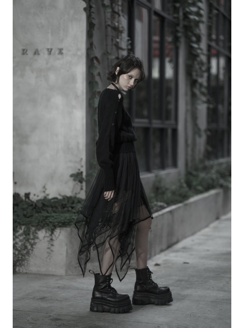 Gothic Female Dark Chiffon Mesh Lace Irregular Hem Skirt