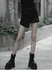 Steam Punk Female Casual Black Buckle Irregular Hem Skirt