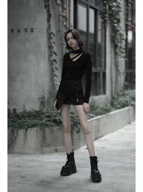 Steam Punk Female Casual Black Buckle Irregular Hem Skirt