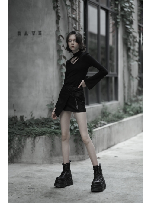 Steam Punk Female Casual Black Buckle Irregular Hem Skirt