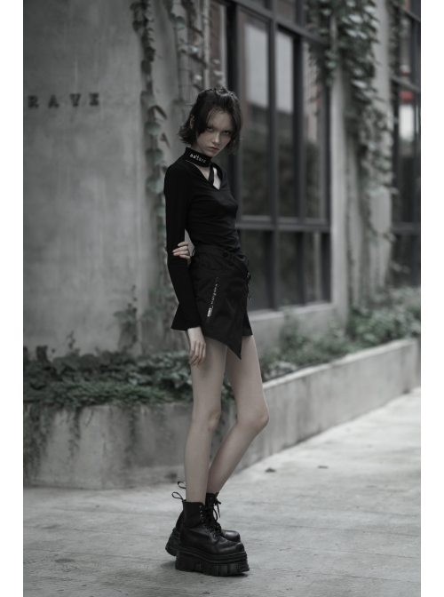 Steam Punk Female Casual Black Buckle Irregular Hem Skirt