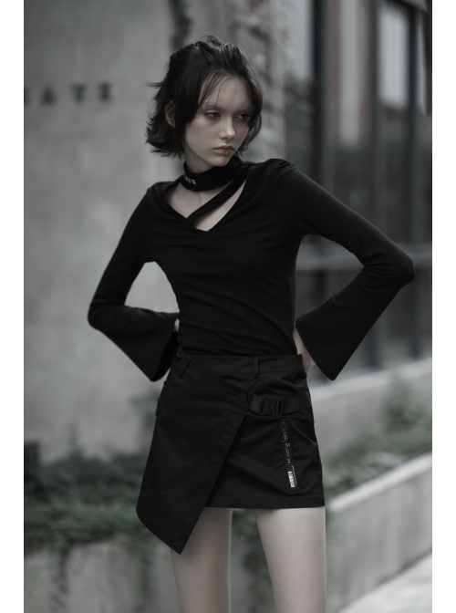 Steam Punk Female Casual Black Buckle Irregular Hem Skirt