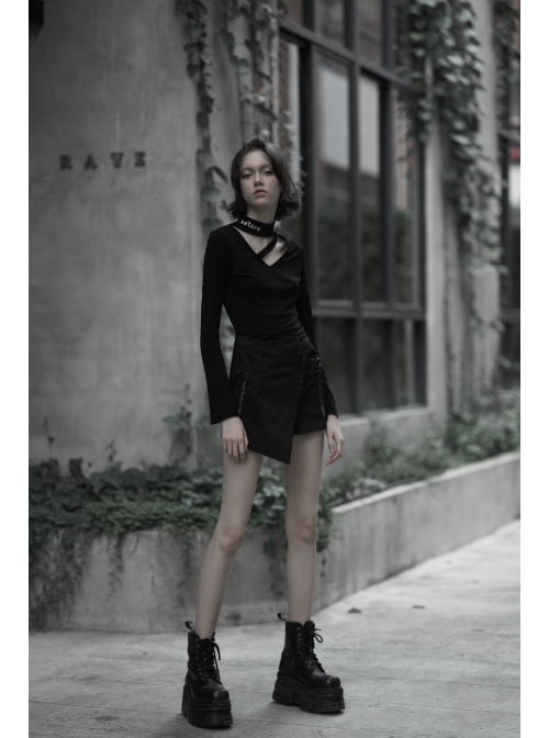 Steam Punk Female Casual Black Buckle Irregular Hem Skirt
