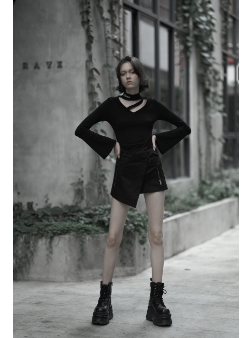 Steam Punk Female Casual Black Buckle Irregular Hem Skirt