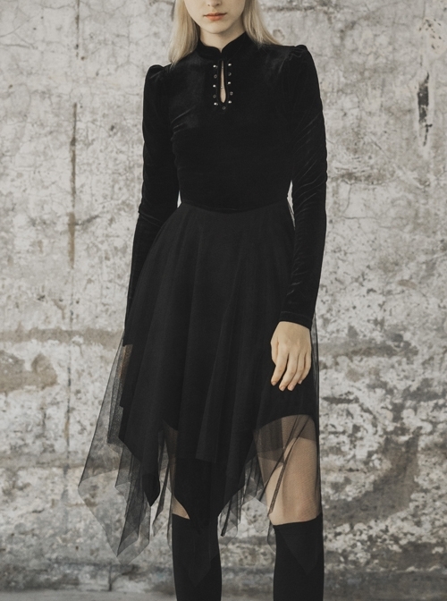 Gothic Female Black Velvet Mesh Stitching Elastic Dress