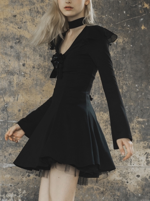 Gothic Female Dark V-neck Hollow High Collar Binding Dress