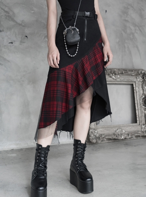 Steam Punk Female Lattice Mesh Stitching Irregular Hem Skirt