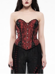 Front Metal Buckle Splice Patent-Leather Imitation Pearls Decoration Back Waist Lace-Up Red Punk Jacquard Corset