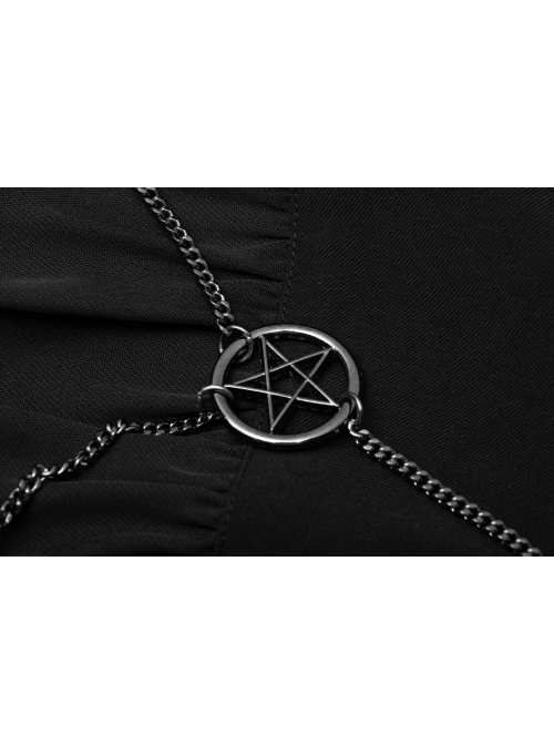 Gothic Female Black High Collar Long Sleeve Star Buckle Long Dress