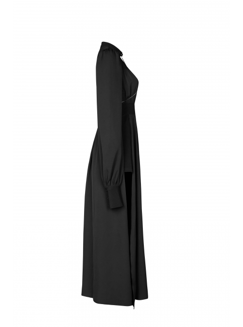 Gothic Female Black High Collar Long Sleeve Star Buckle Long Dress