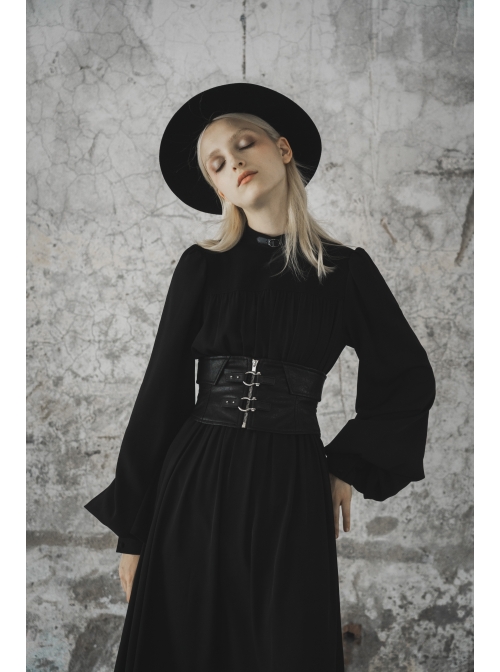 Gothic Female Black High Collar Long Sleeve Star Buckle Long Dress - Magic  Wardrobes