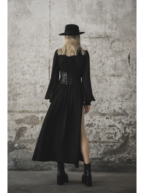 Gothic Female Black High Collar Long Sleeve Star Buckle Long Dress