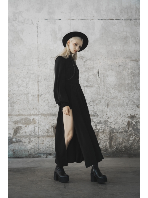 Gothic Female Black High Collar Long Sleeve Star Buckle Long Dress