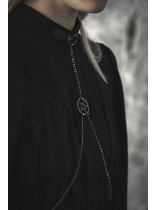 Gothic Female Black High Collar Long Sleeve Star Buckle Long Dress