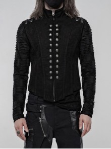 High Collar Front Metal Button Shoulder Woven Tape Metal Rivet Black Punk Vest
