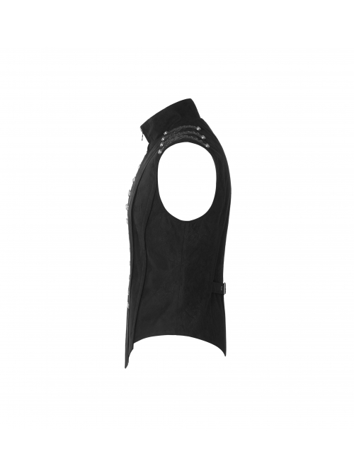 High Collar Front Metal Button Shoulder Woven Tape Metal Rivet Black Punk Vest