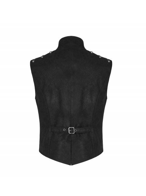 High Collar Front Metal Button Shoulder Woven Tape Metal Rivet Black Punk Vest
