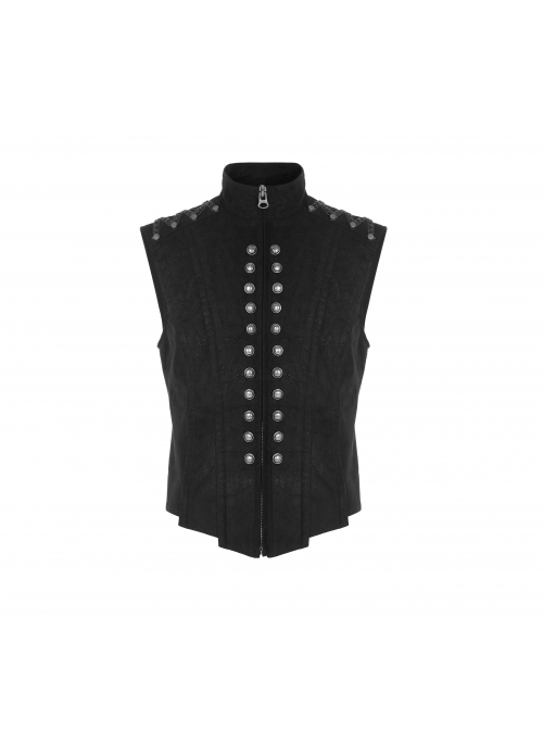 High Collar Front Metal Button Shoulder Woven Tape Metal Rivet Black Punk Vest