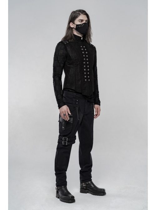 High Collar Front Metal Button Shoulder Woven Tape Metal Rivet Black Punk Vest