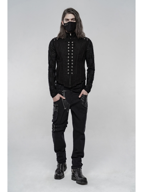 High Collar Front Metal Button Shoulder Woven Tape Metal Rivet Black Punk Vest