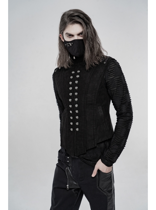 High Collar Front Metal Button Shoulder Woven Tape Metal Rivet Black Punk Vest