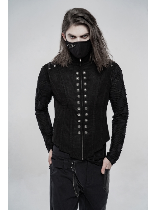 High Collar Front Metal Button Shoulder Woven Tape Metal Rivet Black Punk Vest