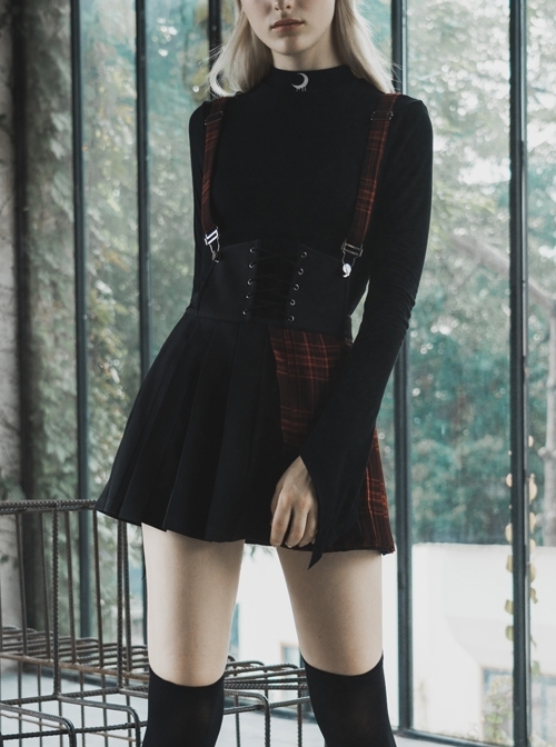 Steam Punk Female Lattice Stitching Plaid Pleated Braces Skirt